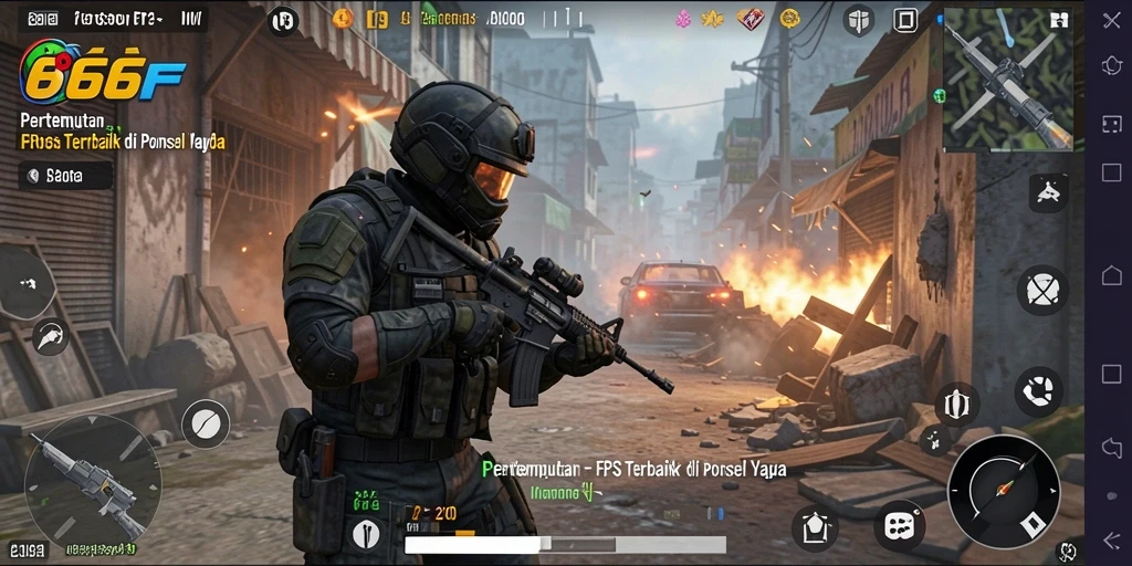 Screenshot utama 666F menampilkan aksi tembak-menembak yang intens di peta perkotaan.