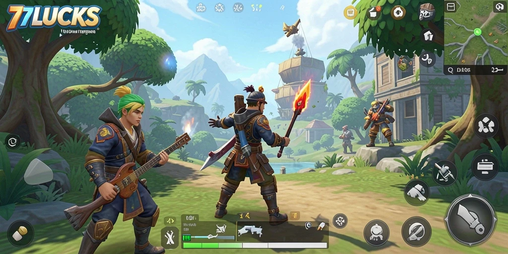 Screenshot utama menunjukkan gameplay <strong>77LUCKS</strong> dalam dunia yang luas dan indah.