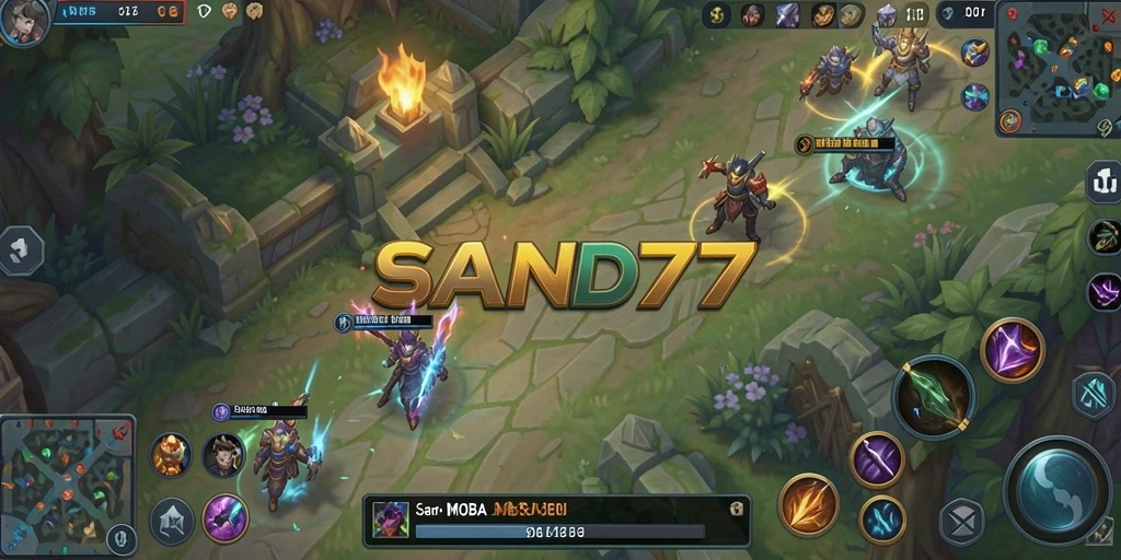 Screenshot gameplay SAND77 menampilkan aksi seru dalam pertempuran MOBA.